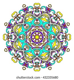 Ilustração de vetor. Mandala colorido desenhado à mão, elemento decorativo oriental, estilo vintage.  Adequado para têxteis, tecido, embalagem e web design.