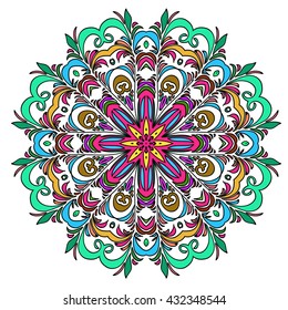 Vector Illustration. Colorful Hand Drawn Mandala, Oriental Decorative Element, Vintage Style.  Suitable for textile, fabric, packaging and web design.