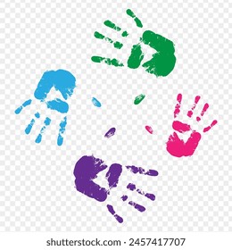 Vector illustration of colorful hand prints on transparent background