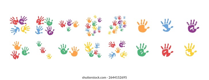 Vector illustration of colorful hand prints in playful and artistic style, representing creativity, children’s art, identity, and diversity.	