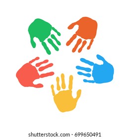 vector illustration. Colorful hand prints on white background, round frame. Concept for peace, cooperation, friendship.