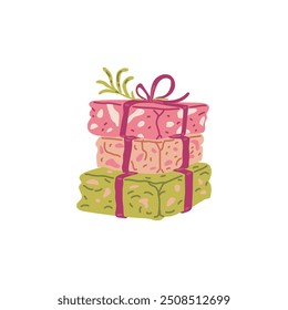 Vector illustration of colorful handmade soaps stacked together. Each soap is carefully packaged and presented for sale or as a gift. Flat cartoon style with isolated background.