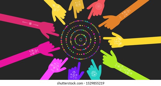 vector illustration of colorful hands in circle shape and mandala for community and spiritual support visuals