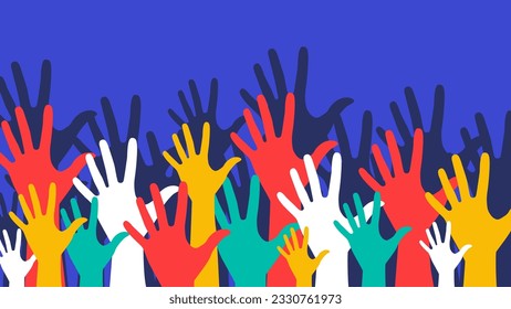 Vector illustration with colorful hands. Poster with human hands raised up. Hands of different colors on a blue background. Vote. Palms, fingers, hands.