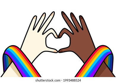 vector illustration of colorful hands and rainbow heart for equal rights and LGBT community recognition