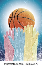 Vector illustration of colorful hands touching basketball.