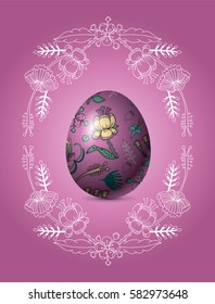 Vector illustration. Colorful Happy Easter greeting card or poster. Pink egg with flourish pattern and white hand drawn flowers on green background.