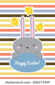 Vector illustration. Colorful Happy Easter greeting card with cartoon rabbit Bunny.