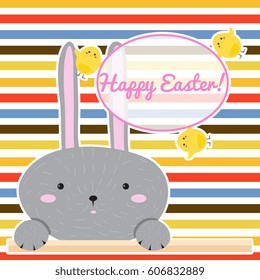 Vector illustration. Colorful Happy Easter greeting card with cartoon rabbit Bunny.