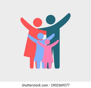 Vector illustration of colorful happy family icons. Father, mother and two daughter on a gray background