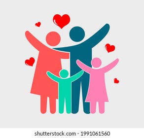 Vector illustration of colorful happy family with heart icons. Father, mother, daughter and son on a gray background