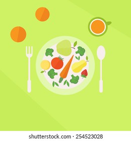 Vector illustration with colorful healthy vegetarian lunch in flat style. Plate with fruits and vegetables and glass of juice on a table