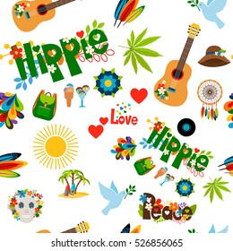 Vector illustration with colorful hippie signs seamless pattern