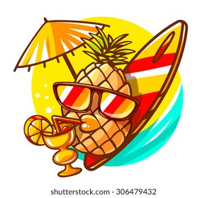 Vector illustration of colorful hipster pineapple with sunglasses, surfboard and cocktail on sunny sea background. Hand draw line art design for web, site, advertising, banner, poster, board and print