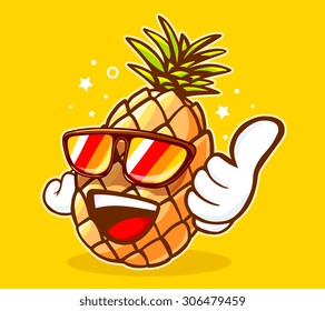 Vector illustration of colorful hipster pineapple with sunglasses and thumb up on yellow background. Hand draw line art design for web, site, advertising, banner, poster, board and print.