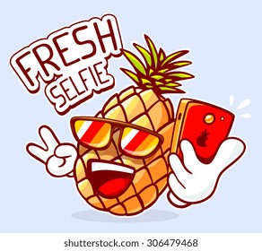 Vector illustration of colorful hipster pineapple with sunglasses taking selfie on blue background. Hand draw line art design for web, site, advertising, banner, poster, board and print.