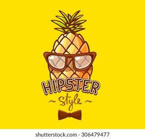 Vector illustration of colorful hipster pineapple with glasses and bow tie on yellow background. Hand draw line art design for web, site, advertising, banner, poster, board and print.