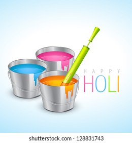 vector illustration of colorful holi festival bucket with colors and pichkari