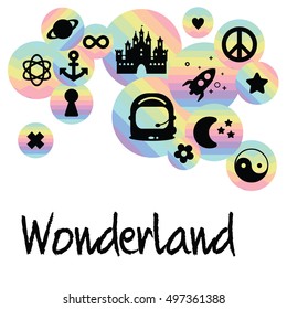vector illustration for colorful holographic circles and bubbles with black cosmic symbols inside for trendy pastel designs and fantasy concepts