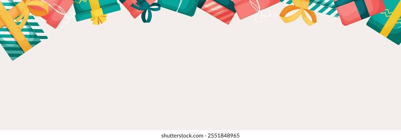 Ilustración vectorial de un marco Horizontal colorido de cajas de regalo con cintas y lazos en la parte superior de la Imagen. El fondo es neutro, por lo que es ideal para postales, Anuncios o publicidad.