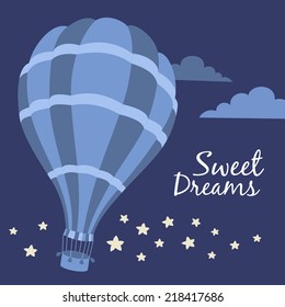 Vector illustration of colorful hot air balloon on the dark blue sky