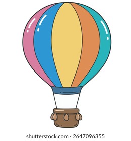 Vector illustration of a colorful hot air balloon with vertical stripes in pink, blue, yellow, orange, and green, floating above a brown basket. Suitable for travel, adventure, and aerial themes