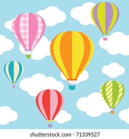 Vector illustration of colorful hot air balloons on the blue sky. Seamless pattern of this picture and seamless sky pattern are included in swatch.