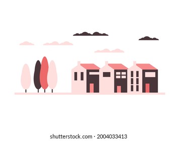 Vector illustration with colorful houses on a white background.