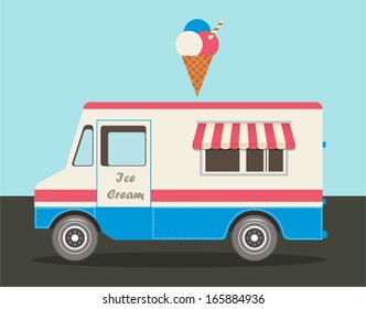 Vector illustration of colorful ice cream truck in flat style