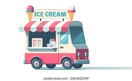 Ilustración vectorial de colorido camión de helados en estilo plano. máquina de helados