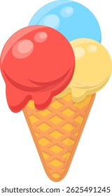 Vector illustration of colorful ice cream scoops in a waffle cone. Sweet summer dessert icon with multiple flavors. Flat cartoon style, isolated on white. Perfect for food and snack concepts.