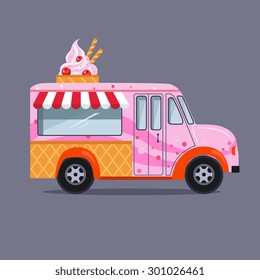 Vector illustration of colorful ice cream truck in flat style