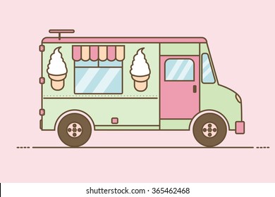 Vector illustration of colorful ice cream truck. Side view, isolated.