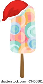 Vector illustration of colorful ice cream and a red christmas cap.