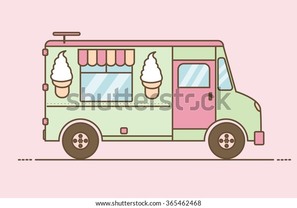 Vector illustration of colorful ice cream\
truck. Side view,\
isolated.