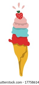 Vector illustration of colorful ice-cream balls in waffle cone with a strawberry on the top isolated on white background. Vector artistic drawing food, tasty desert.