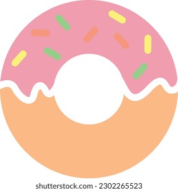 Vector illustration of colorful icon of a donut. Donut logo with strawberry glaze and colored sprinkles.