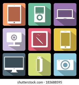 vector illustration of colorful icons with gadgets on a black background