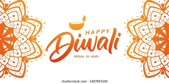 Vector illustration: Colorful Indian greeting banner with Handwritten lettering of Happy Diwali and lamp. 