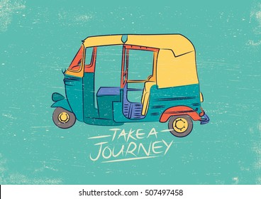 Vector Illustration of colorful Indian Rickshaw. Vintage and Retro style tuk tuk taxi design.
