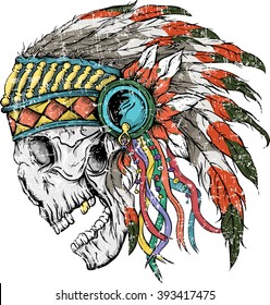 Vector illustration of colorful Indian  skull . Vector illustration of design for shirt , T-shirt with Indian skull on white background. Vintage design for shirt.