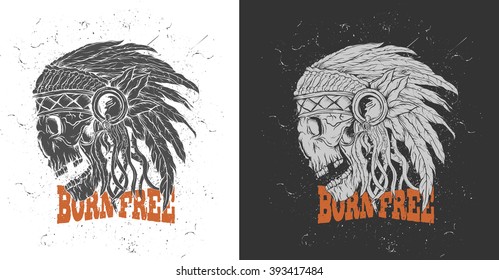 Vector illustration of colorful Indian  skull . Vector illustration of design for shirt , T-shirt with Indian skull on white background. Vintage design for shirt.