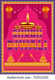 vector illustration of colorful Indian truck painting on Happy Diwali card for festival of light of India
