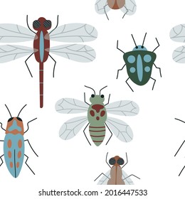 Vector illustration of colorful insect with garden concept semless pattern isolated on white. Hand drawing style