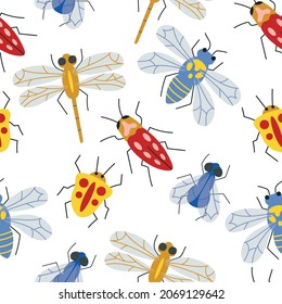 Vektorgrafik von farbigem Insektenmuster, isoliert auf weiß. Handzeichnung. Hintergrund für Tapeten, Druck, Textilien, Stoff, Umhüllung