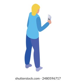 Vector illustration of a colorful isometric person standing and using a smartphone for texting and browsing the internet, showcasing modern digital communication and connectivity