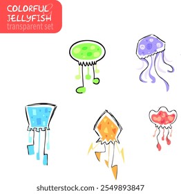 Vector Illustration of Colorful Jellyfish on Transparent Background, Unique Cartoon Image