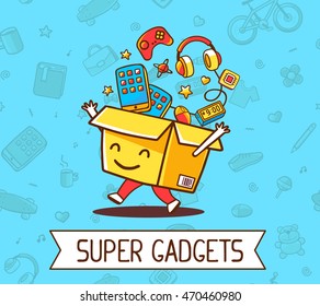 Vector illustration of colorful joy character shopping box with electronics, gadget inside on blue pattern background. Doodle style. Thin line art flat design of shopping box character with hands