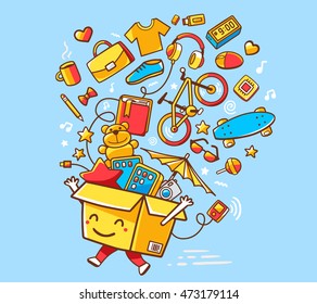 Vector illustration of colorful joy character shopping box with lot of purchases on blue background. Doodle style. Thin line art flat design of shopping box character with hands, legs