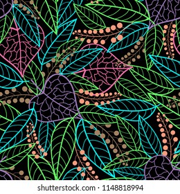 vector illustration. colorful jungle of leaves with black background seamless repeat pattern.